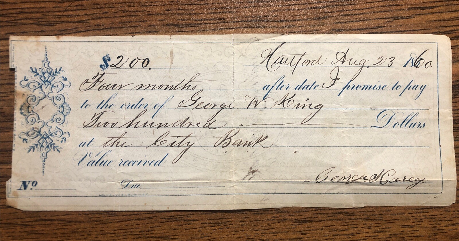 1860 George W King  Civil War Signed Check Listed Artist B41