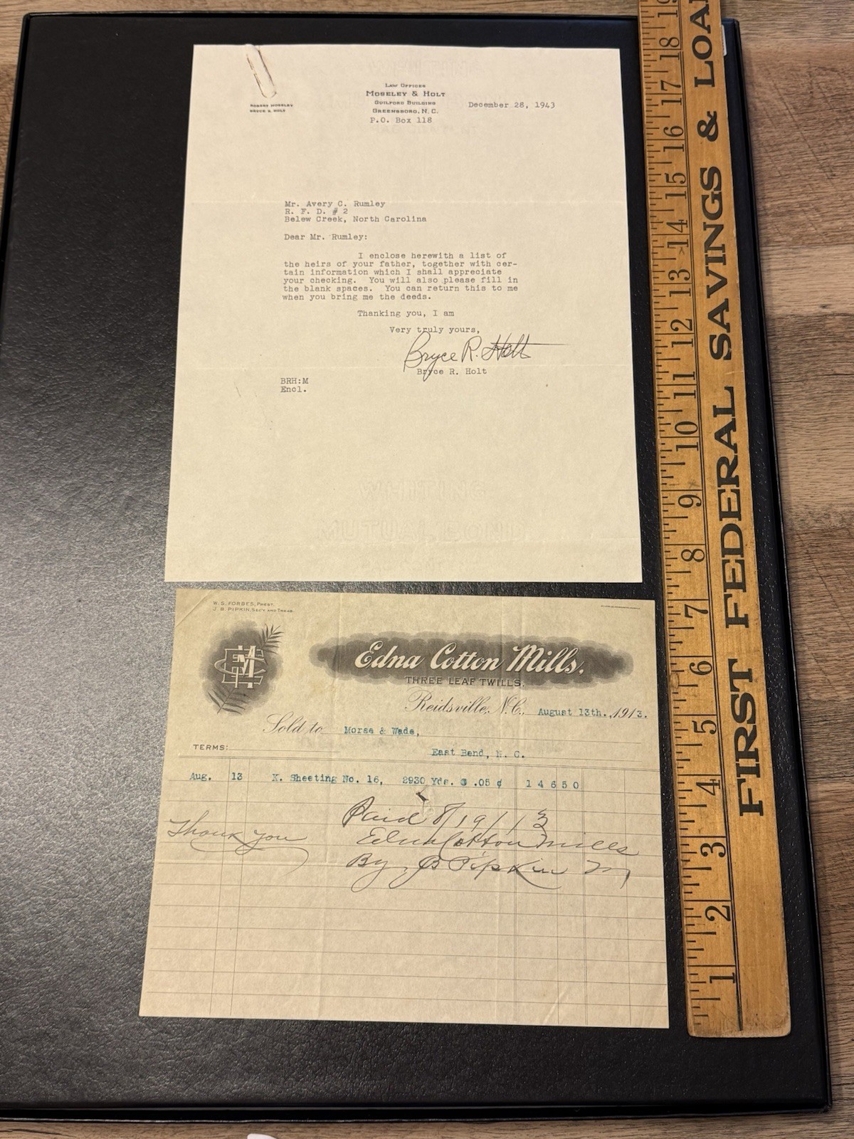 1913 Reidsville Edna Cotton Mills & 1943 Law Letter Moseley Holt Greensboro NC