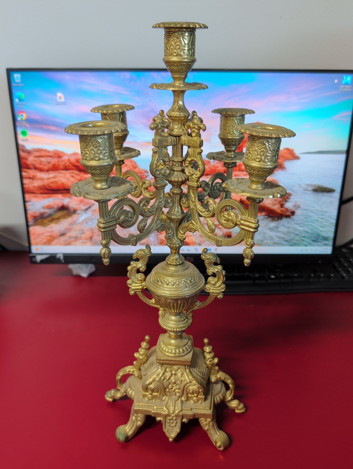 Vintage Baroque Candelabra 4 Arm 5 Candle Italian Brevettato Styled Brass 16.5\