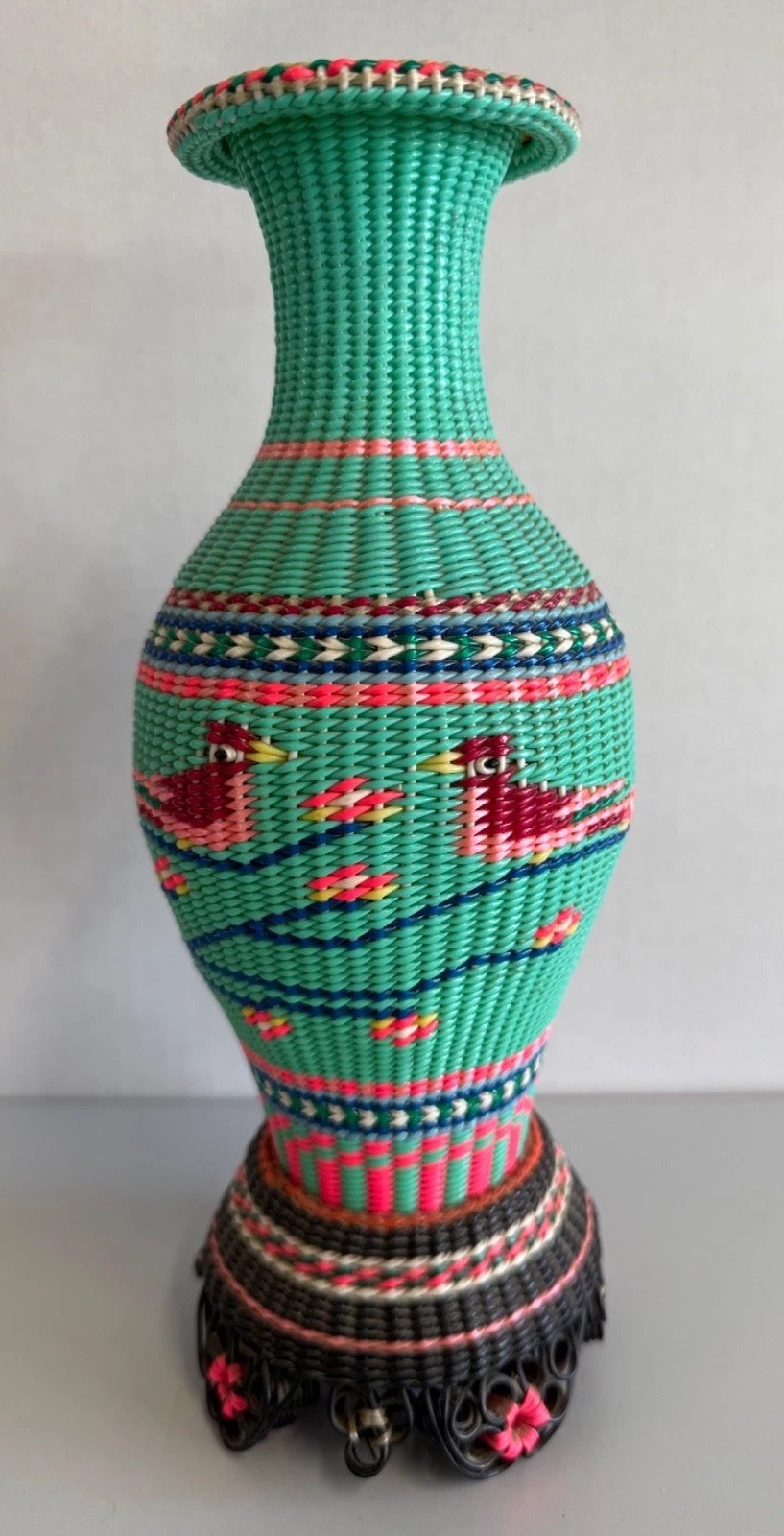 Vintage 1960s Asian Scoubidou Woven Plastic Glass Vase Birds 11” MCM