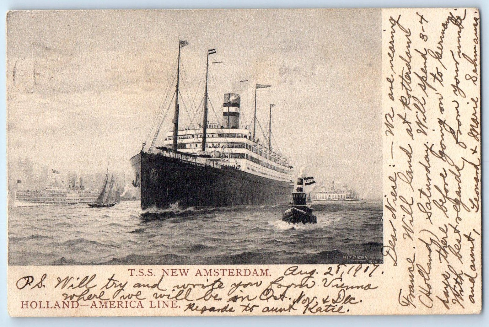 Netherlands Postcard T.S.S New Amsterdam Holland America Line 1907 Posted