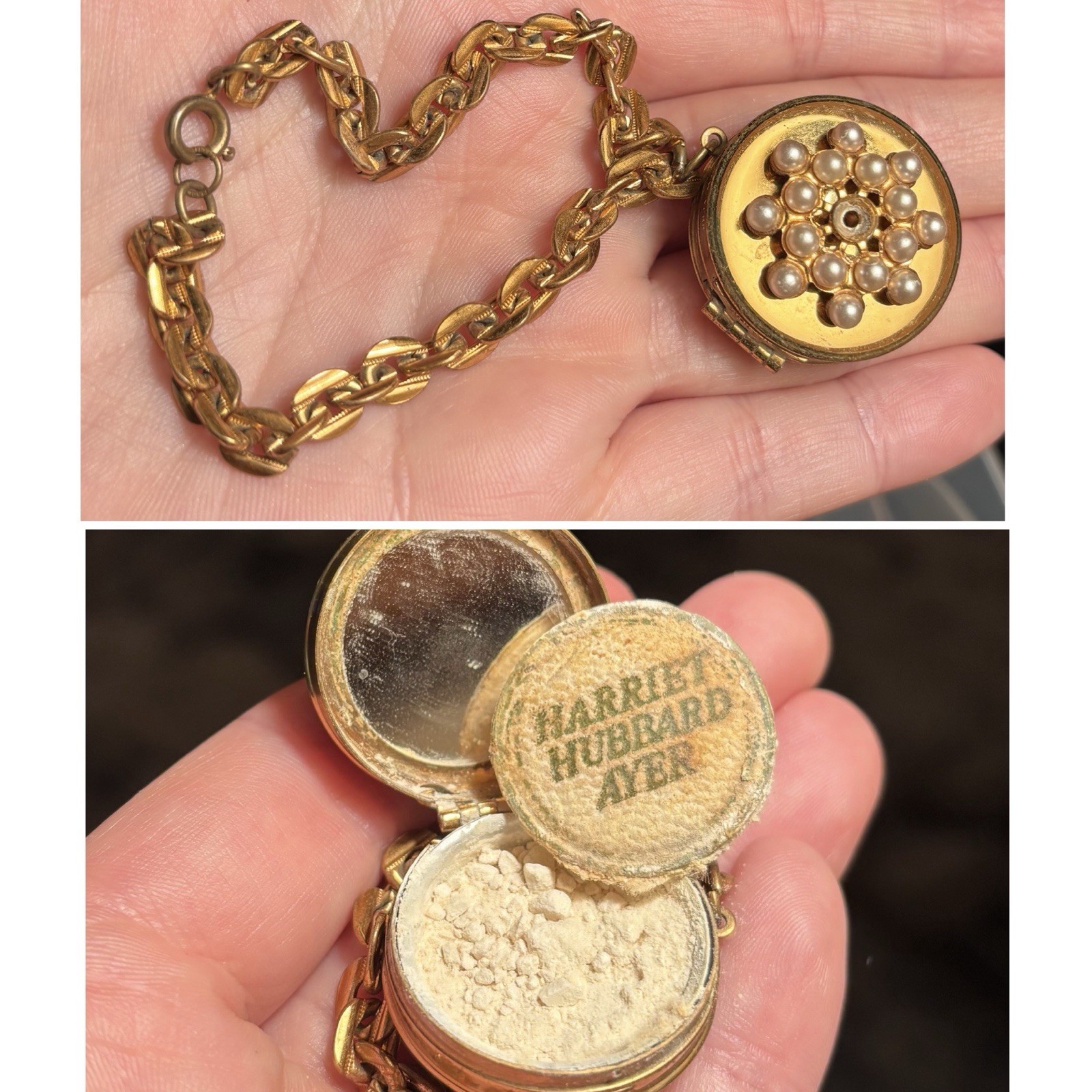 Rare 1940s Harriet Hubbard Ayer Powder Compact Bracelet Goldtone & Faux Pearls
