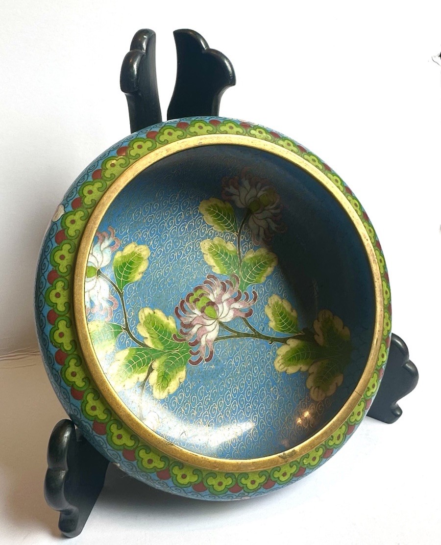 Blue Floral Cloisonne Style Metal Bowl/Dish Asian Decor Green & Gold Rim