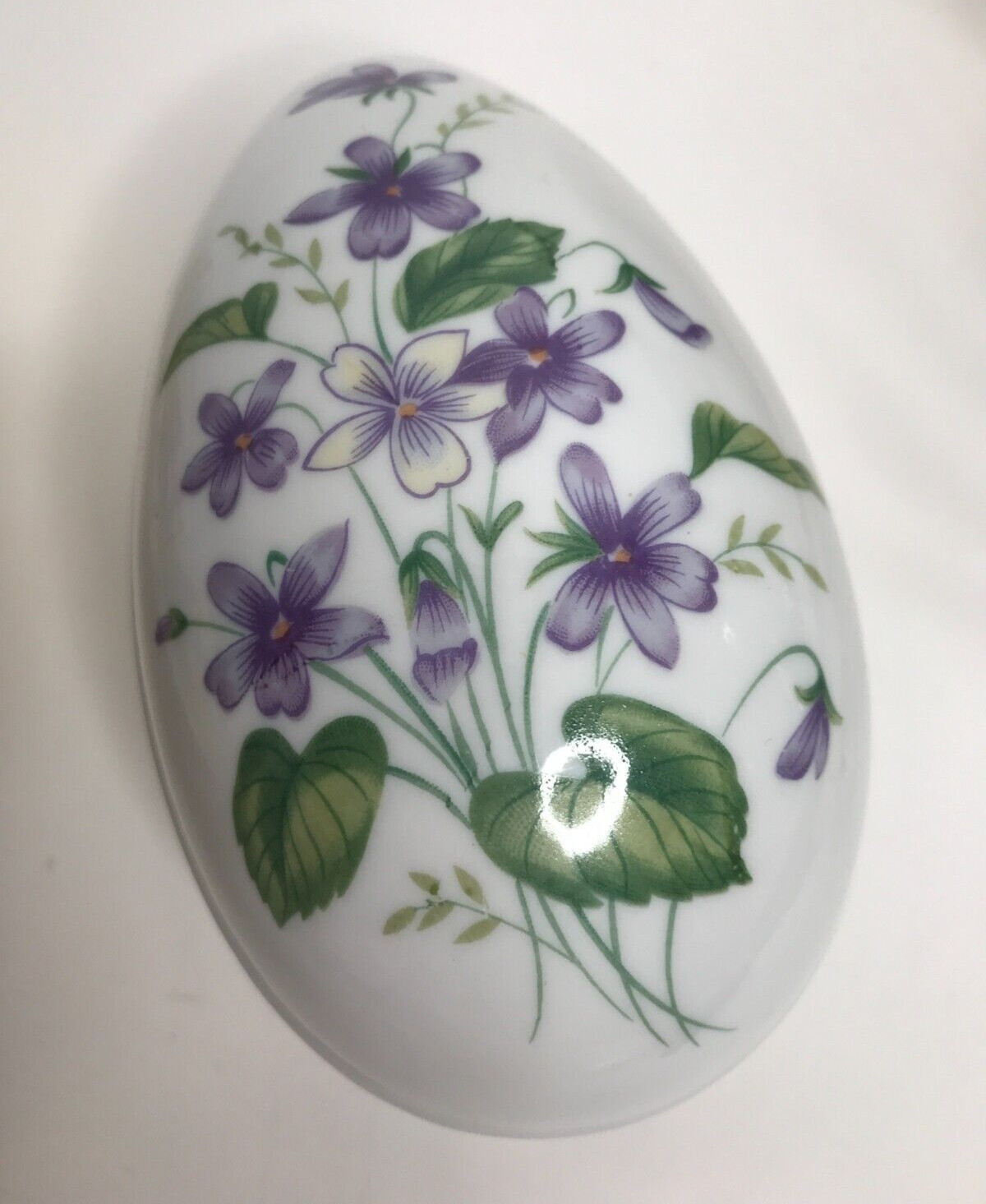 Vintage TOPLINE IMPORTS Japan  Egg Trinket Box with Purple Flowers & Silver Trim
