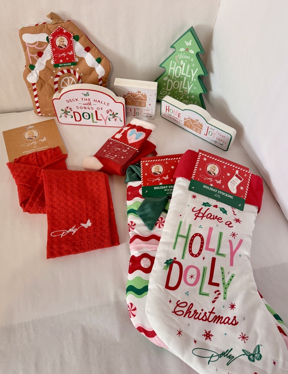 10Pc. Dolly Parton Christmas Lot, NWT, Decor Stocking Pot Holder Towel Socks