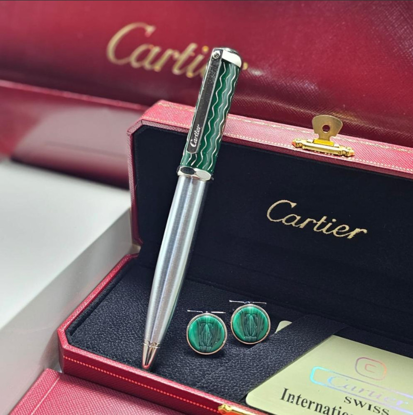 SALE Cartier Santos de Cartier Green Silver Ballpoint Pen Luxury New Full Box