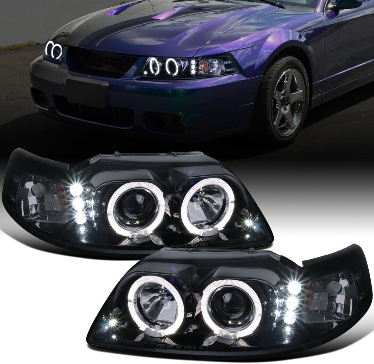 - Fits 1999-2004 Ford Mustang Dual Halo Projector Headlights
