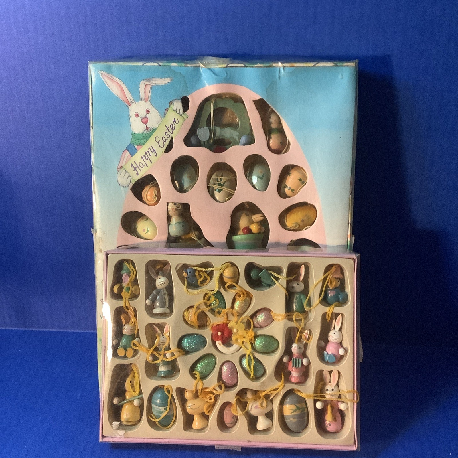 Vintage Vintage Mini Wood Easter Ornaments Original Box Lot Of 2 (18pc & 29pc)