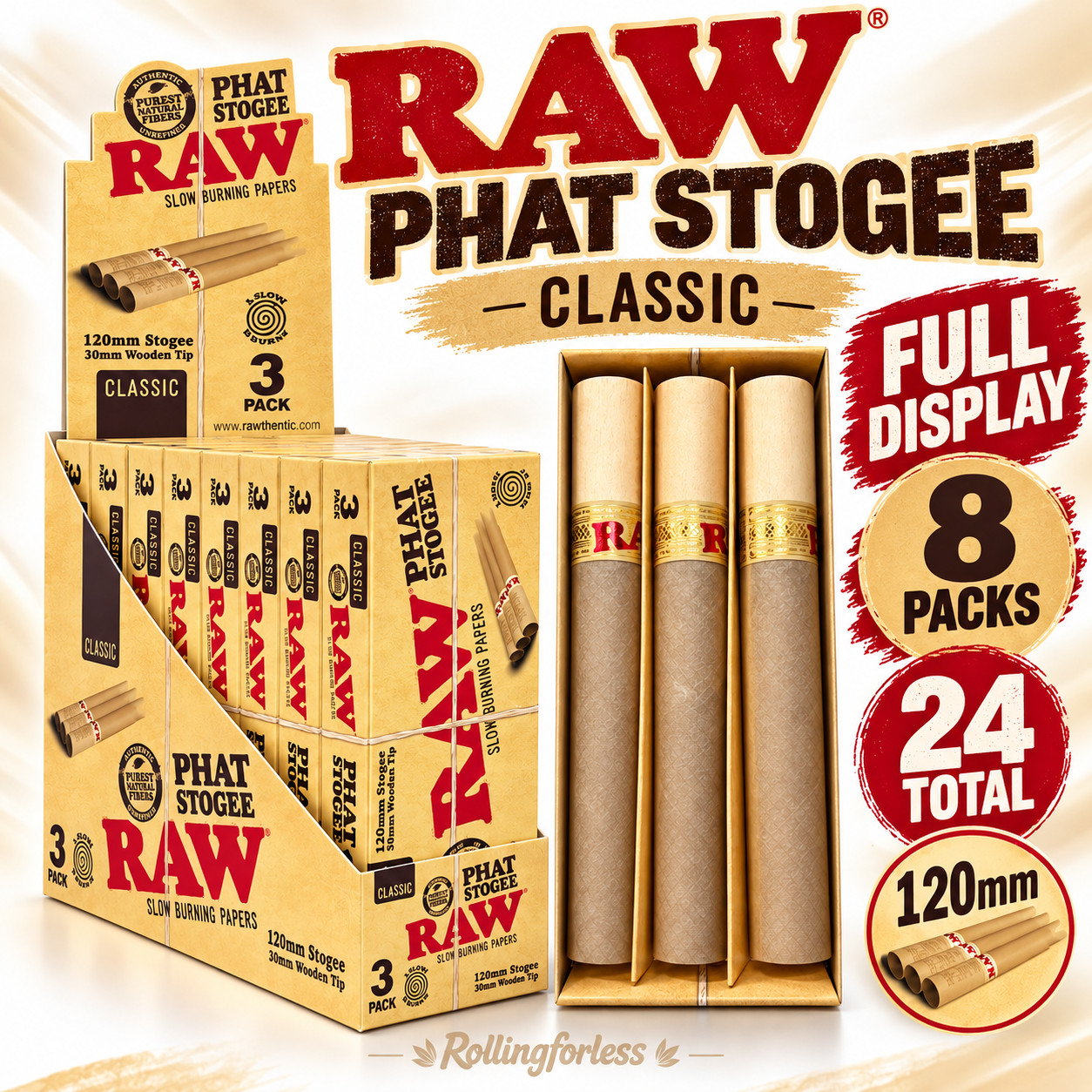 RAW Classic Phat Stogee 120mm Pre-Rolled Cones 3 Pack x 8 Display 24 Total