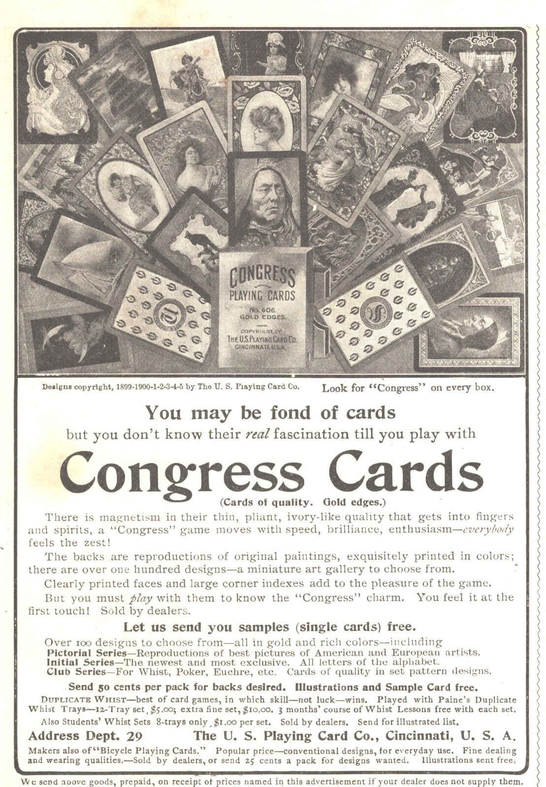 1906 Congress Playing Cards Antique Print Ad Gold Edges Poker