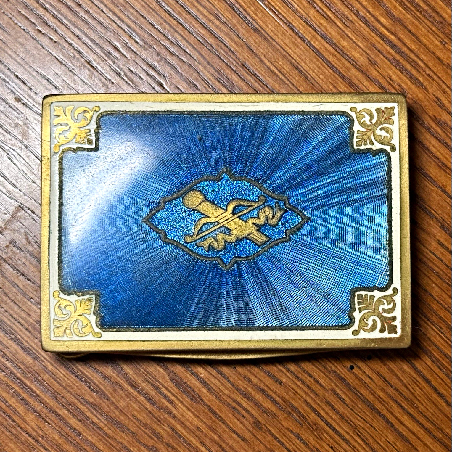 Antique .900 Silver Blue Guilloche Enamel Pill Case Gilt Crest