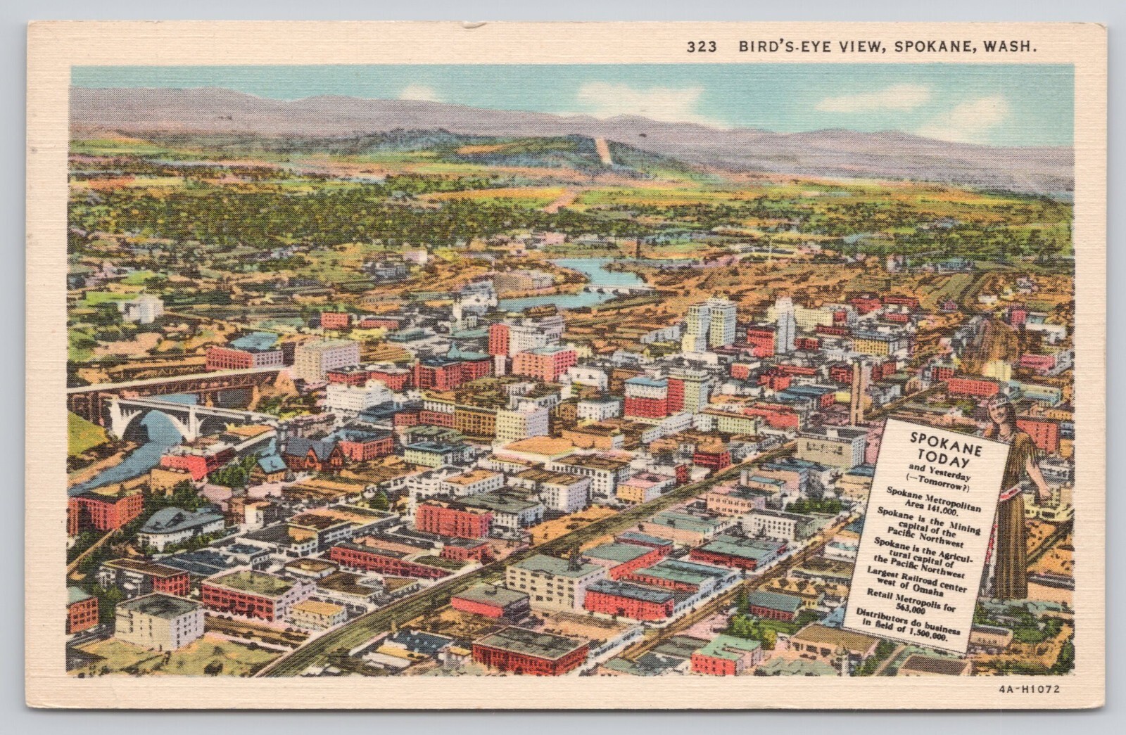 Bird\'s Eye View Spokane WA Washington Aerial c1930s Linen Postcard