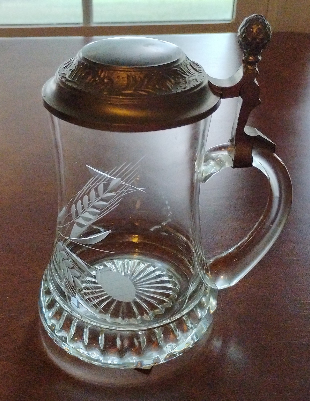 Vintage Quist Etched Glass Beer Stein With Pewter Tipping Lid Bought 1977 READ