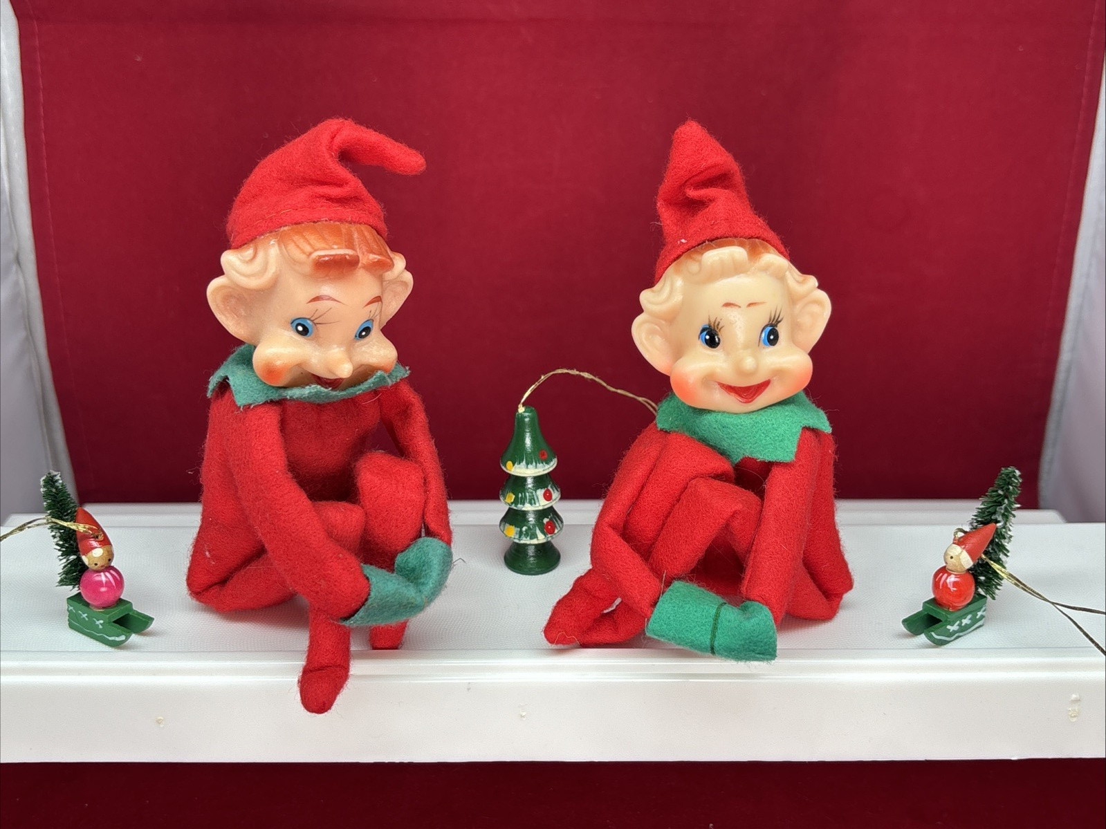 2 Vintage OG Christmas Pixie Elf On a Shelf Knee Hugger Dolls Felt Japan 50s 60s