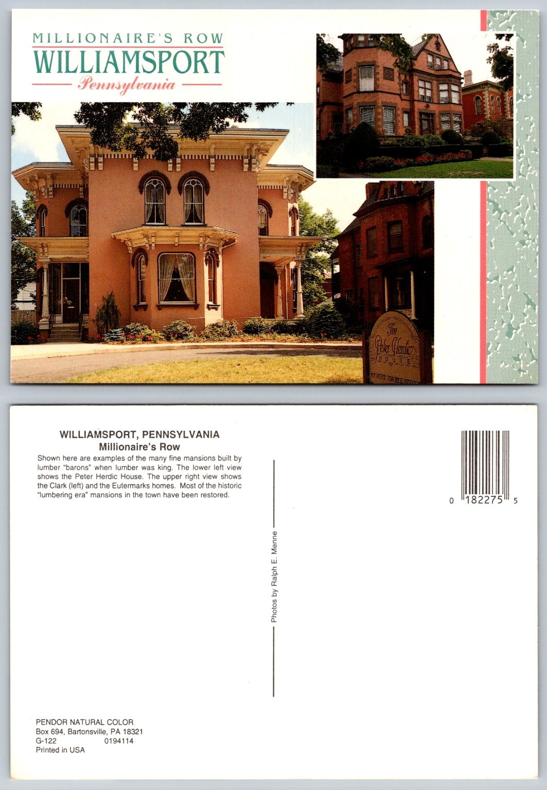 Millionaire's Row Williamsport PA Postcard Peter Herdic House Eutermarks Homes