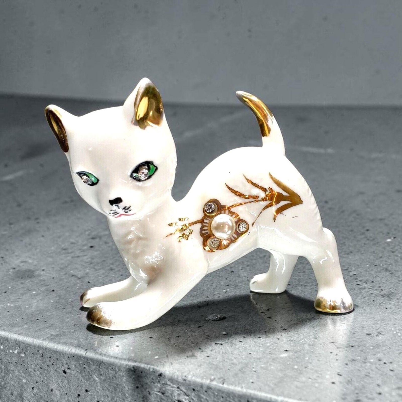 Vintage 1950s Nippon Cat Figurine Jewels Pearl & Rhinestone Accents Yoko BoekI
