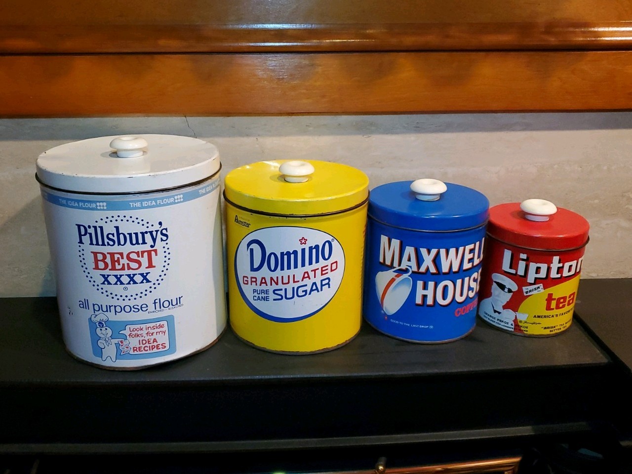 JL Clark Vintage Pillsbury Domino Maxwell Lipton Tea Tin Canister Set 4 Pieces