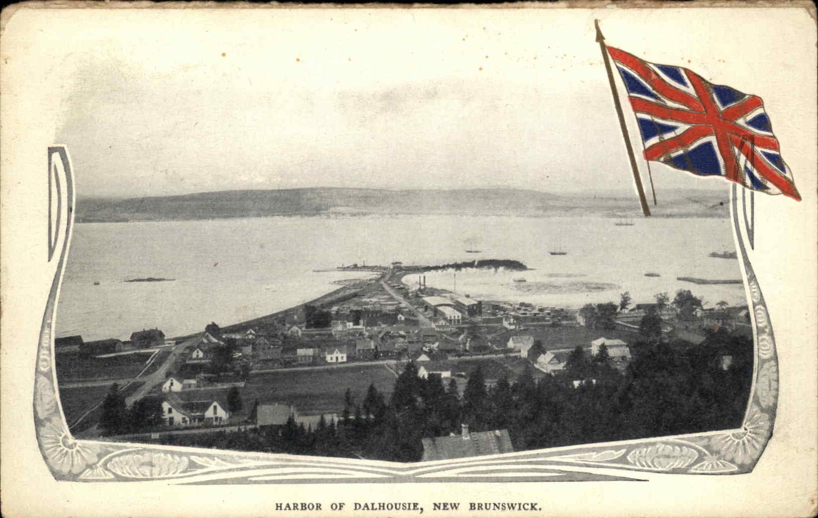 Dalhousie New Brunswick Harbor Bird\'s Eye View Flag Gilt Embossed Postcard