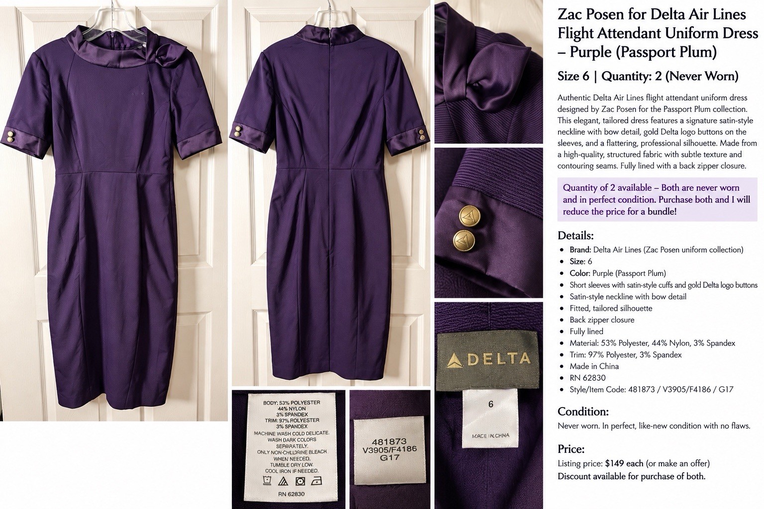 Zac Posen Delta Air Lines Flight Attendant Uniform Dress Purple Size 6 NEW