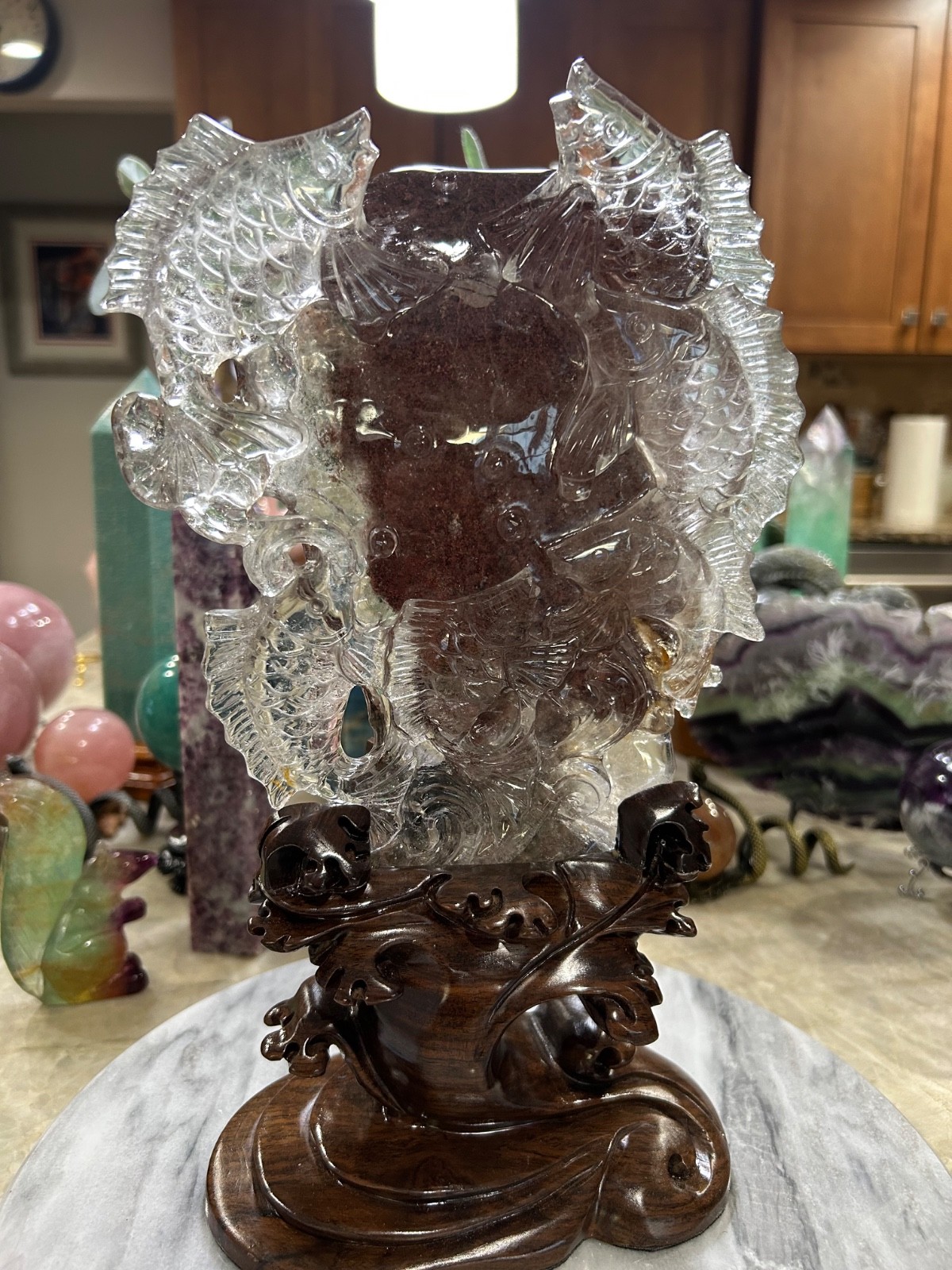 Red Garden Quartz 1000 layer fish carving with custom sandalwood stand