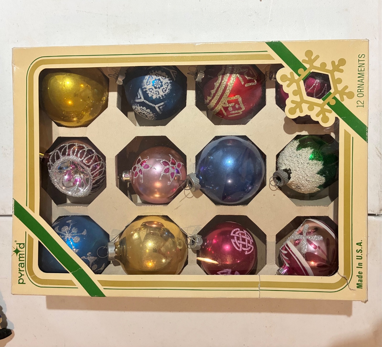 Vintage Pyramid Glass Christmas Ornaments 12 Count Box 1960s Retro
