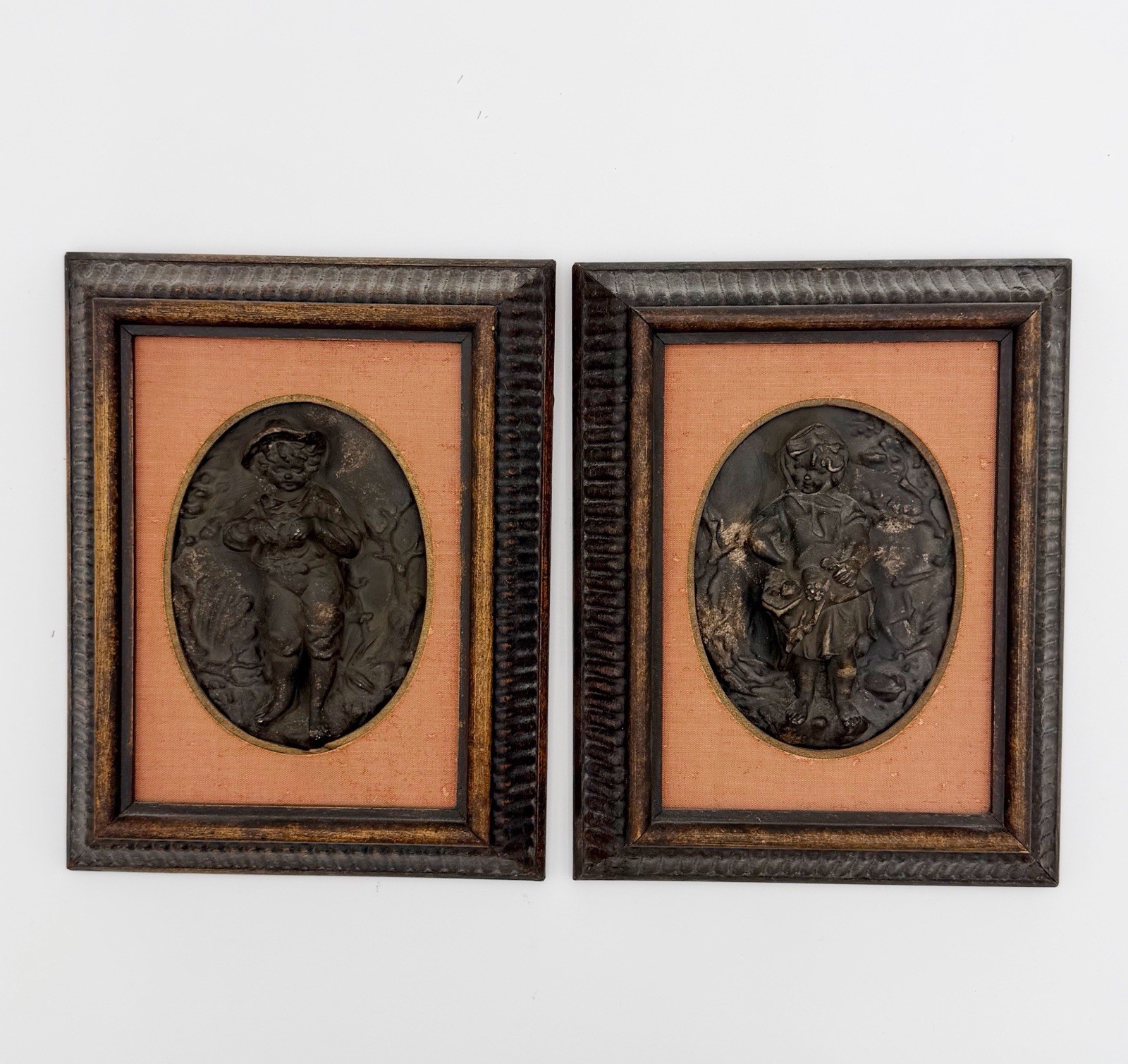 Vintage H Hal Kramer Co Chicago Framed 3D Relief Plaque Wall Art Boy Girl Pair