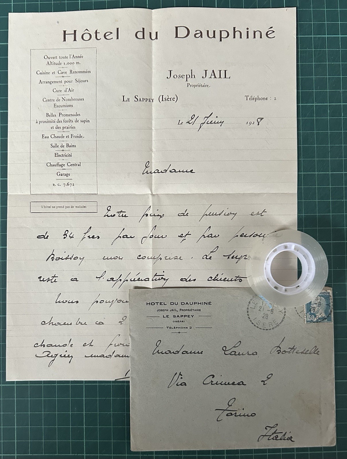 Rare letter with envelope Hotel by DAUPHINE’-Le Sappey (Isere) 1928