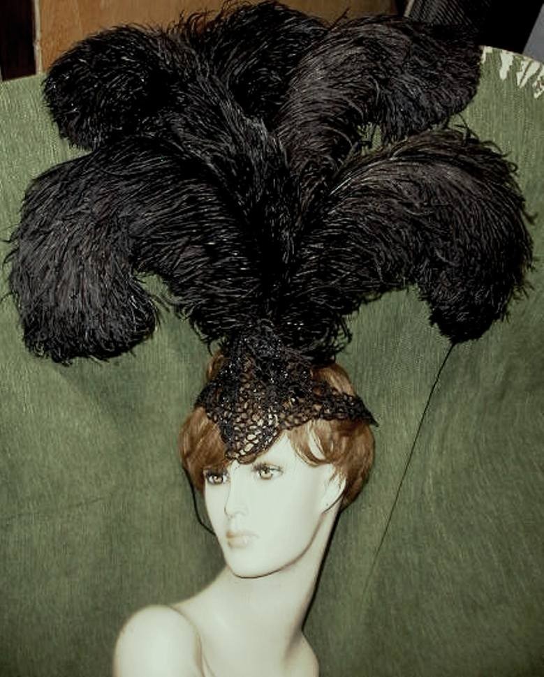 Antique 1920\'s Circus Theater Headdress w Huge Black Ostrich Plumes & Jet Beads