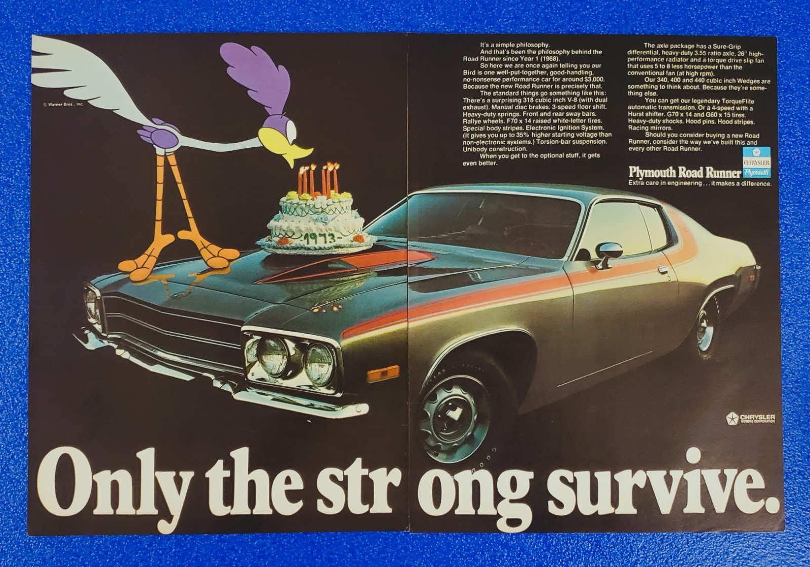 1972 Plymouth Road Runner Vintage 2 PG Muscle Car Print Ad Mopar Gearhead V8 Art