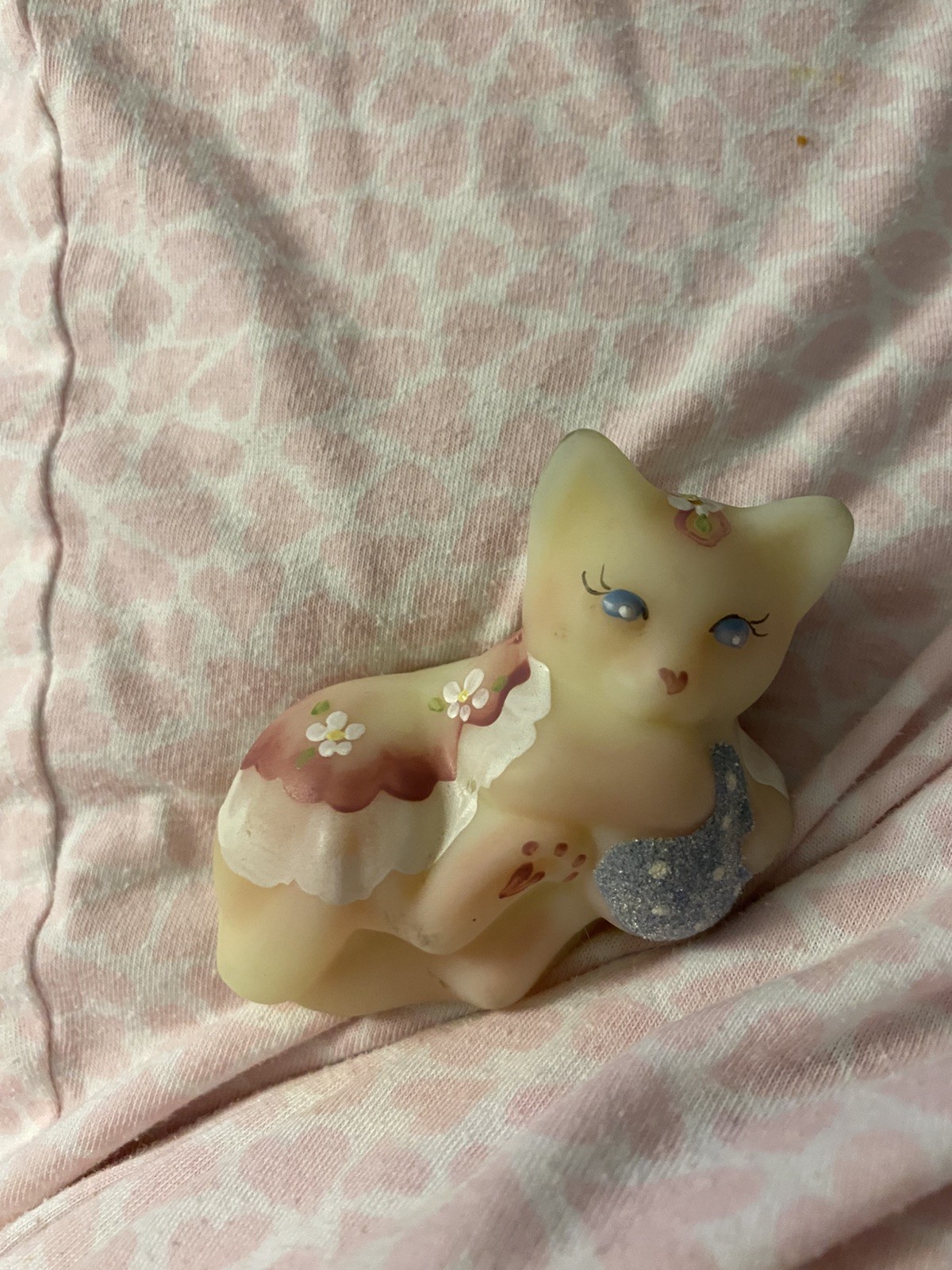 Fenton Burmese Satin Glass Cat Figurine Hand Painted Signed M Young Uranium Glow