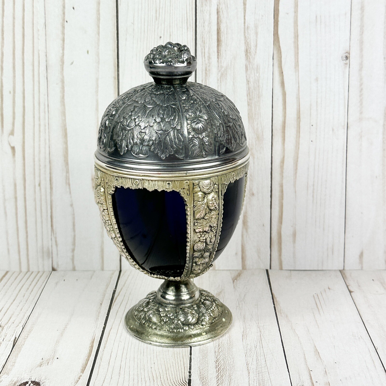 Vintage P.N.C.W Made USA Cast Metal Cobalt Blue Glass Egg Shape Chalice Dish