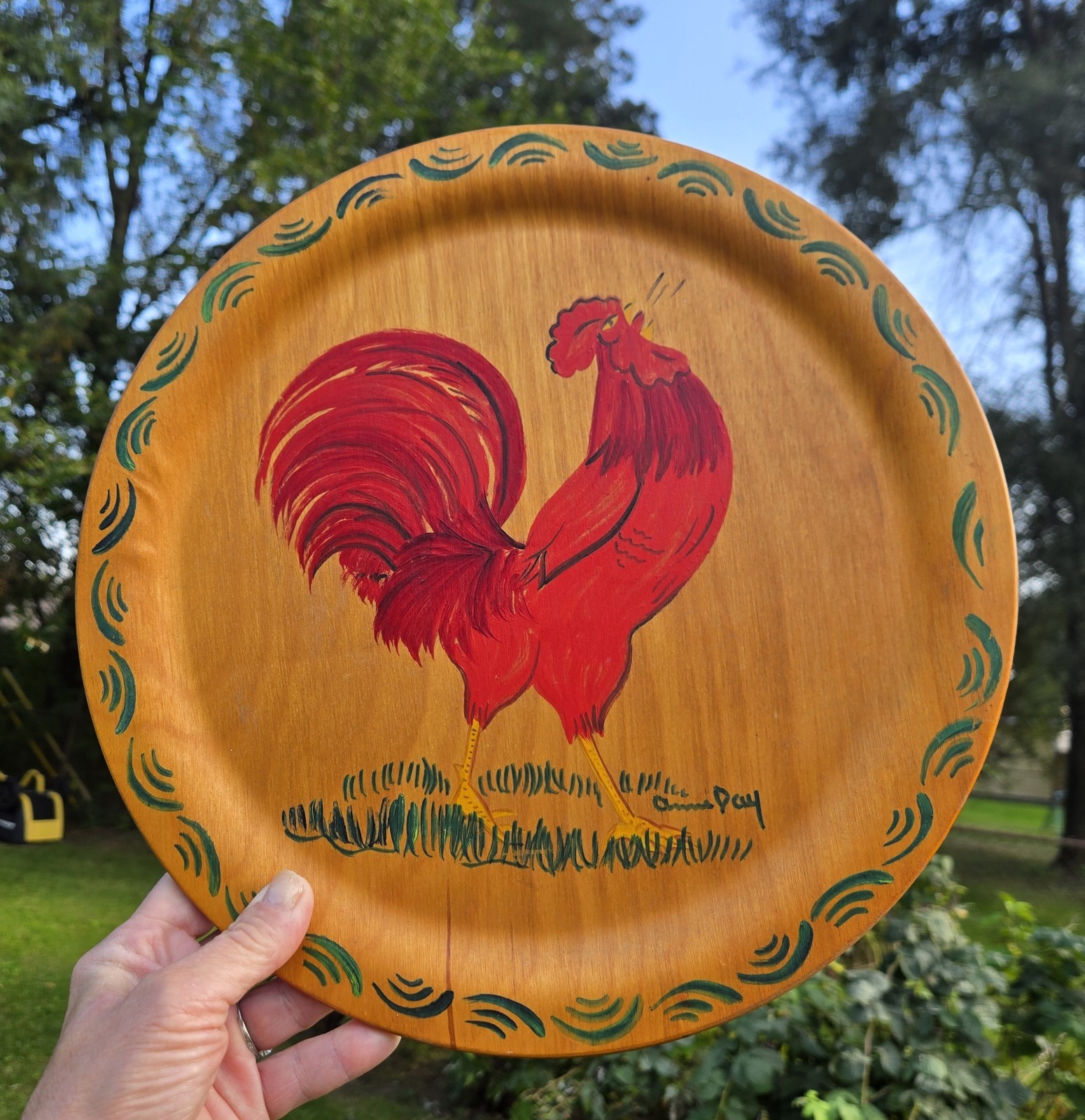 Vintage Signed Hand Painted Wooden Tray Wall Hanging Growing ROOSTER Folk Art 👀