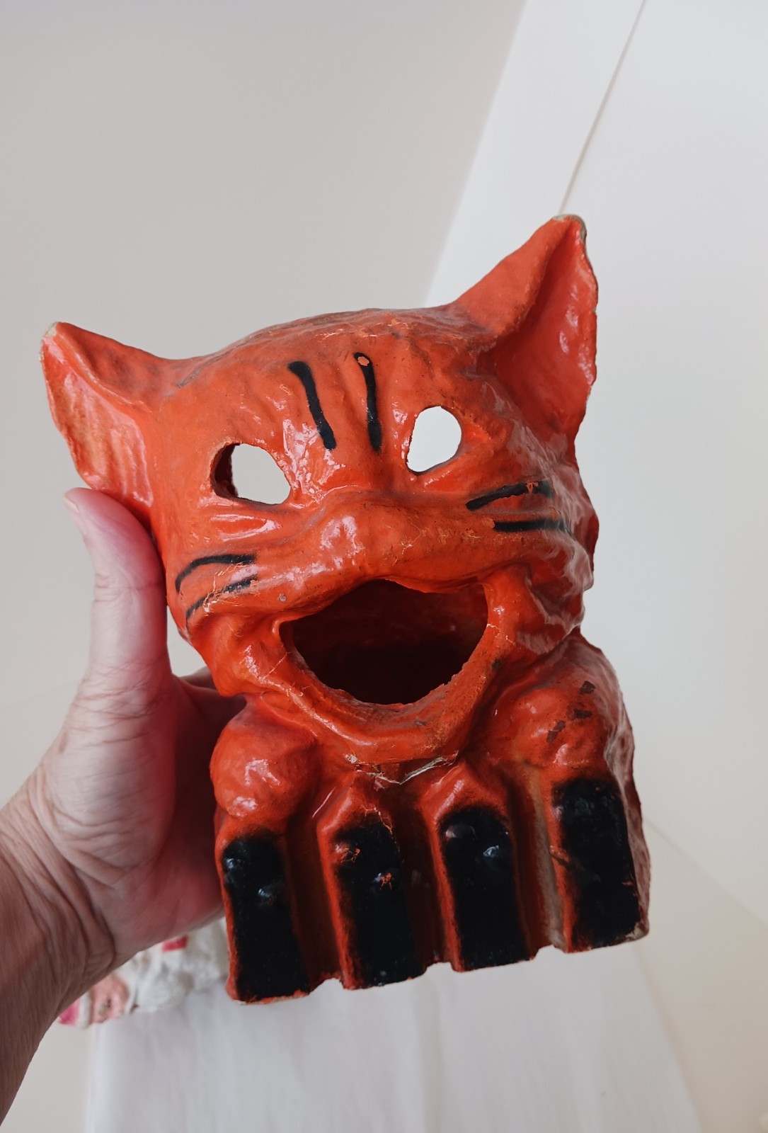 Antique Vintage 1930s Halloween Paper Mache Pulp Lantern Orange Cat On Fence