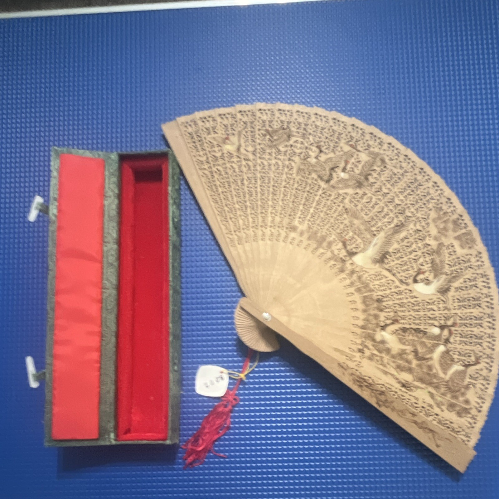 Vintage Chinese Carved Wood Folding Fan Cranes Pierced Openwork w/ Original Box