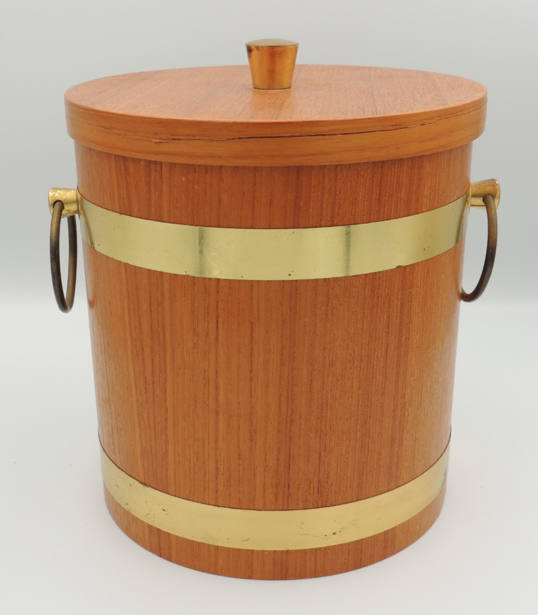 Vintage MCM Lipper Mann Wood Ice Bucket Brass Bands Tongs