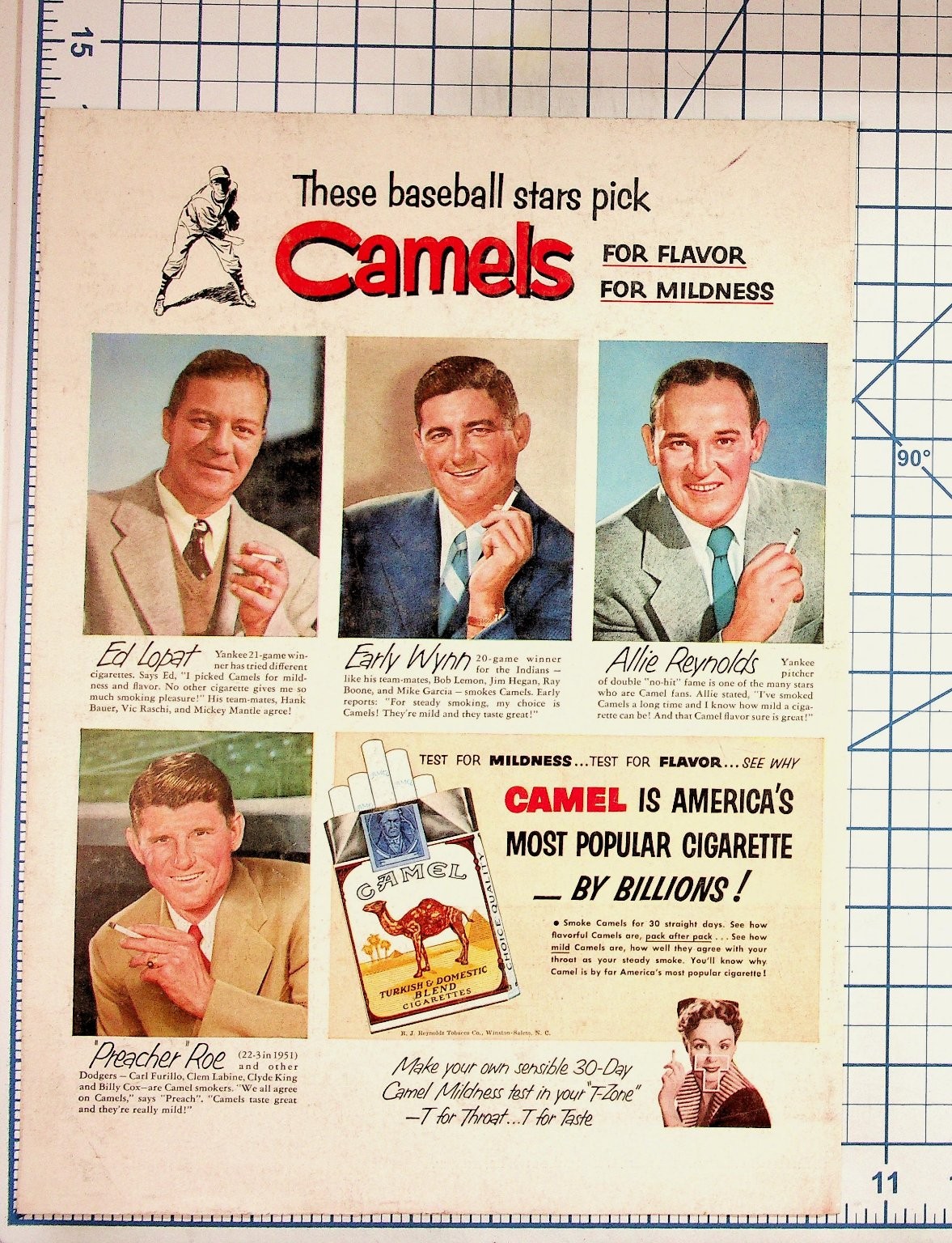 1951 Camel Cigarettes Baseball Stars Ad Ed Lopat Early Wynn Allie Reynolds Roe