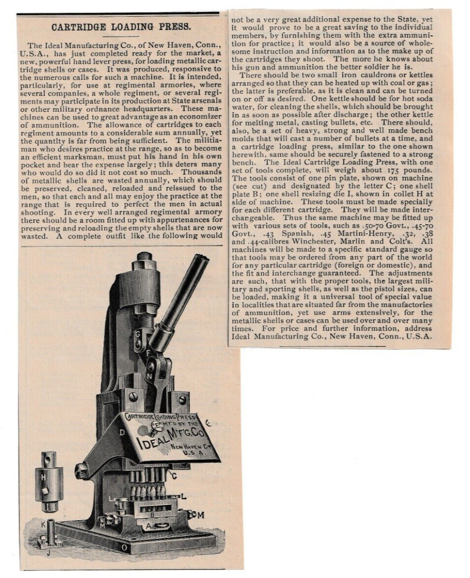 IDEAL MFG. CO. Cartridge Loading Press Ammunition 1892 Catalog Ad New Haven