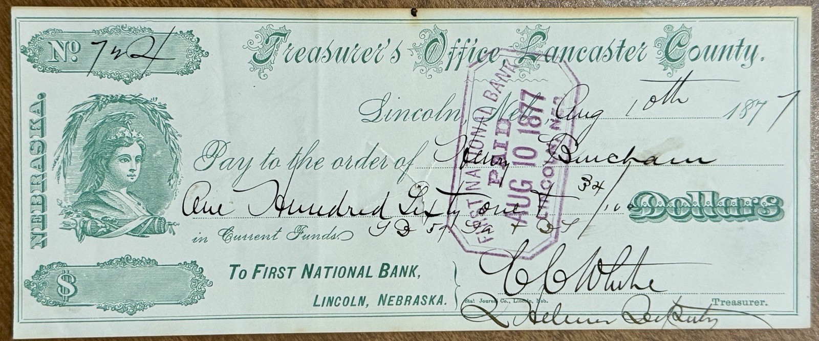 1877 Lincoln Nebraska Lancaster Co. Treasurers Office Bank Check - CC White