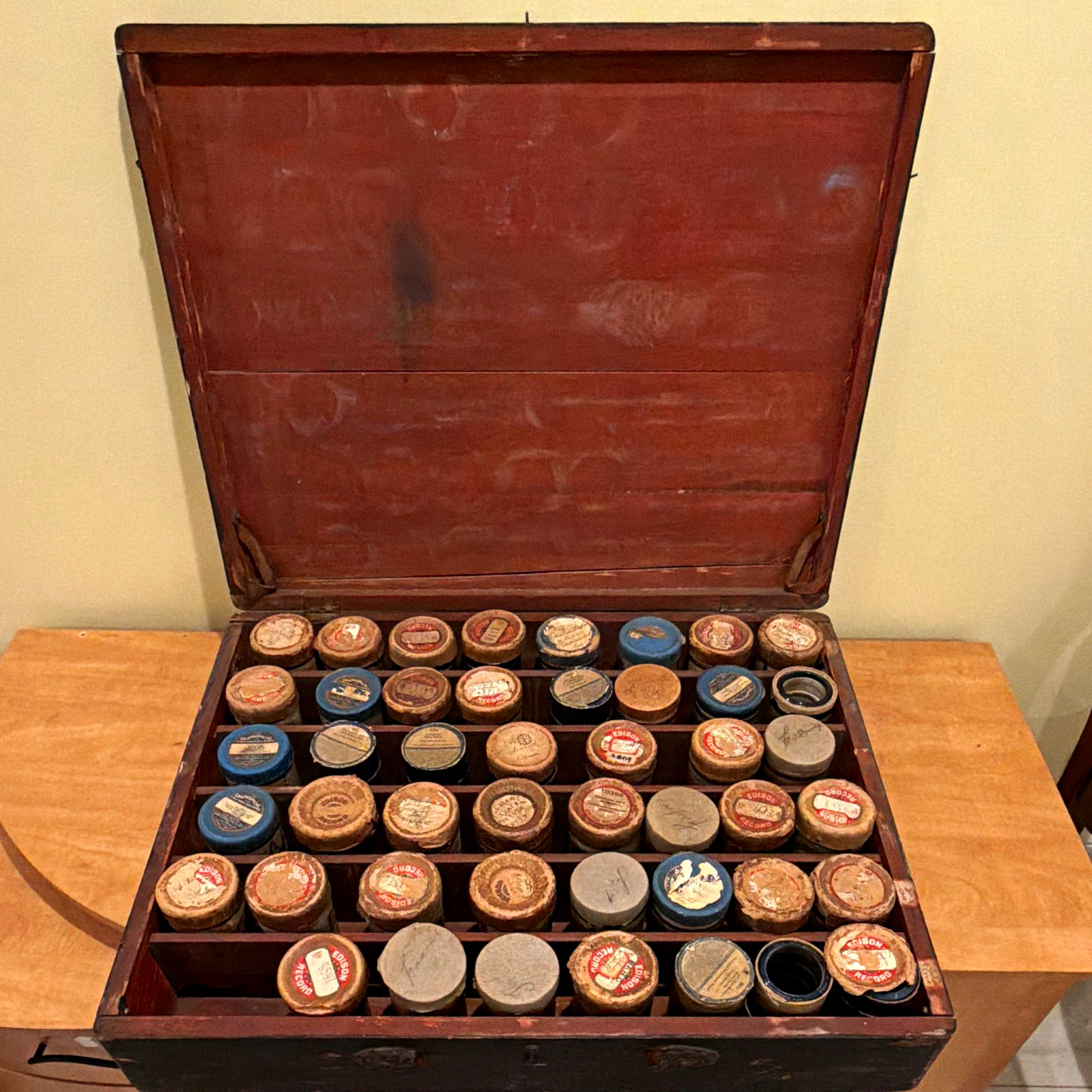 Antique Phonograph Cylinder Record Storage Case Cabinet Box w/ 45 Cylinders As I