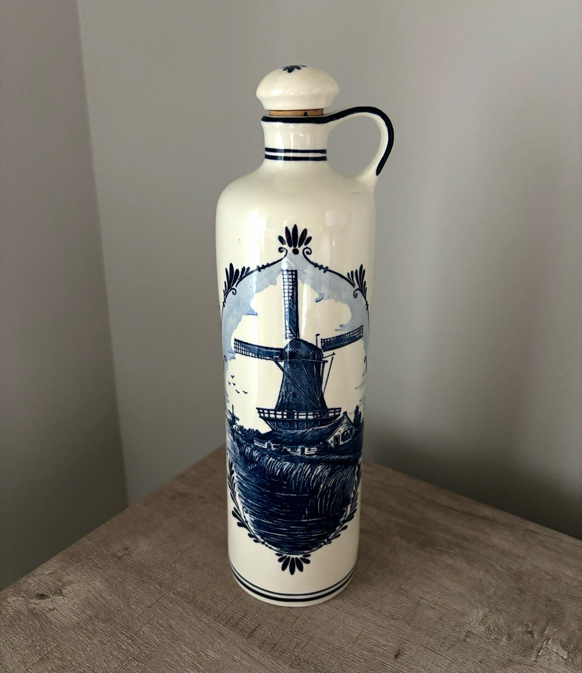Vintage BOLS Delft Blue Holland Windmill Ceramic Genever Bottle Decanter Cork