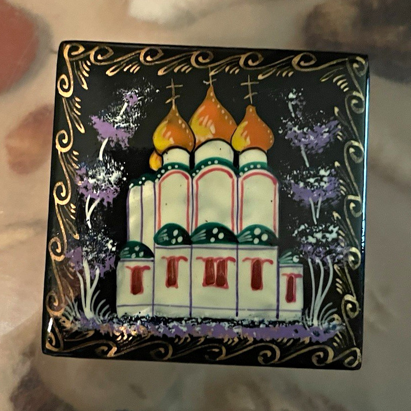 Vintage Hand-Painted Russian Black Lacquer Trinket Box - St. Basil’s