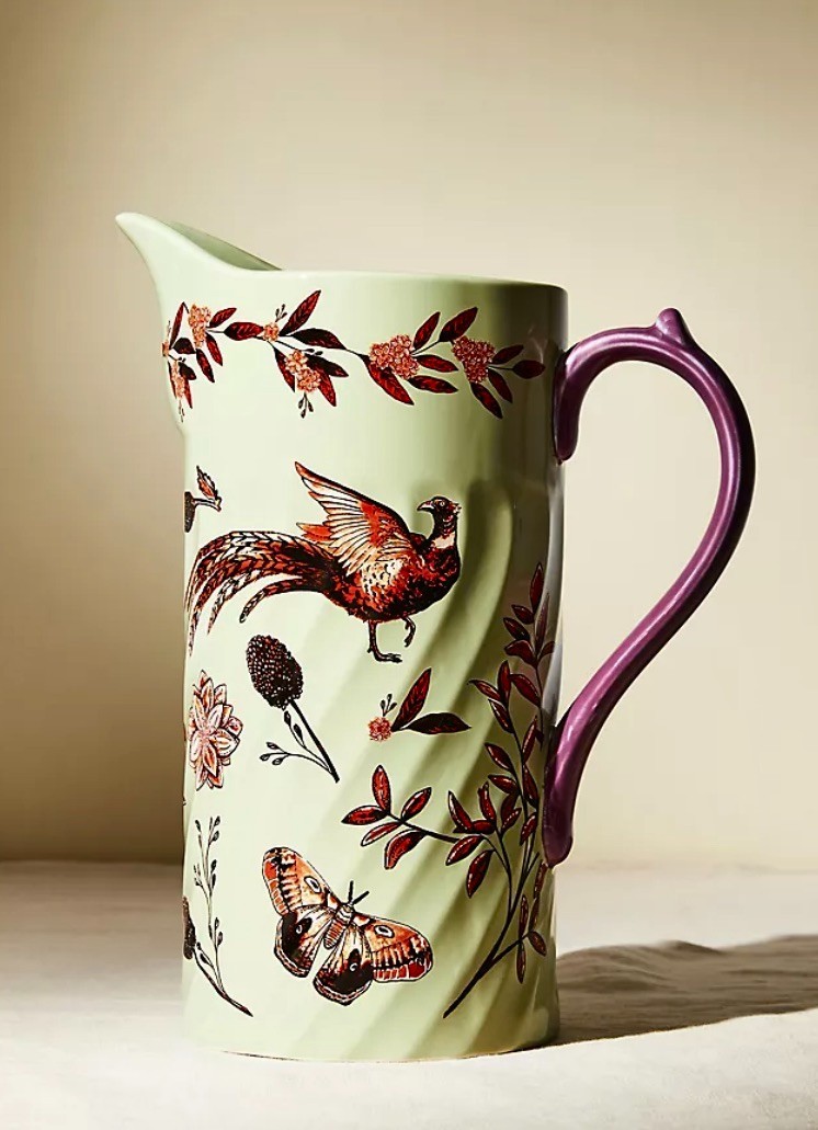 RETIRED Anthropologie Bird & Butterly Elin Pitcher Green Purple Ceramic 11