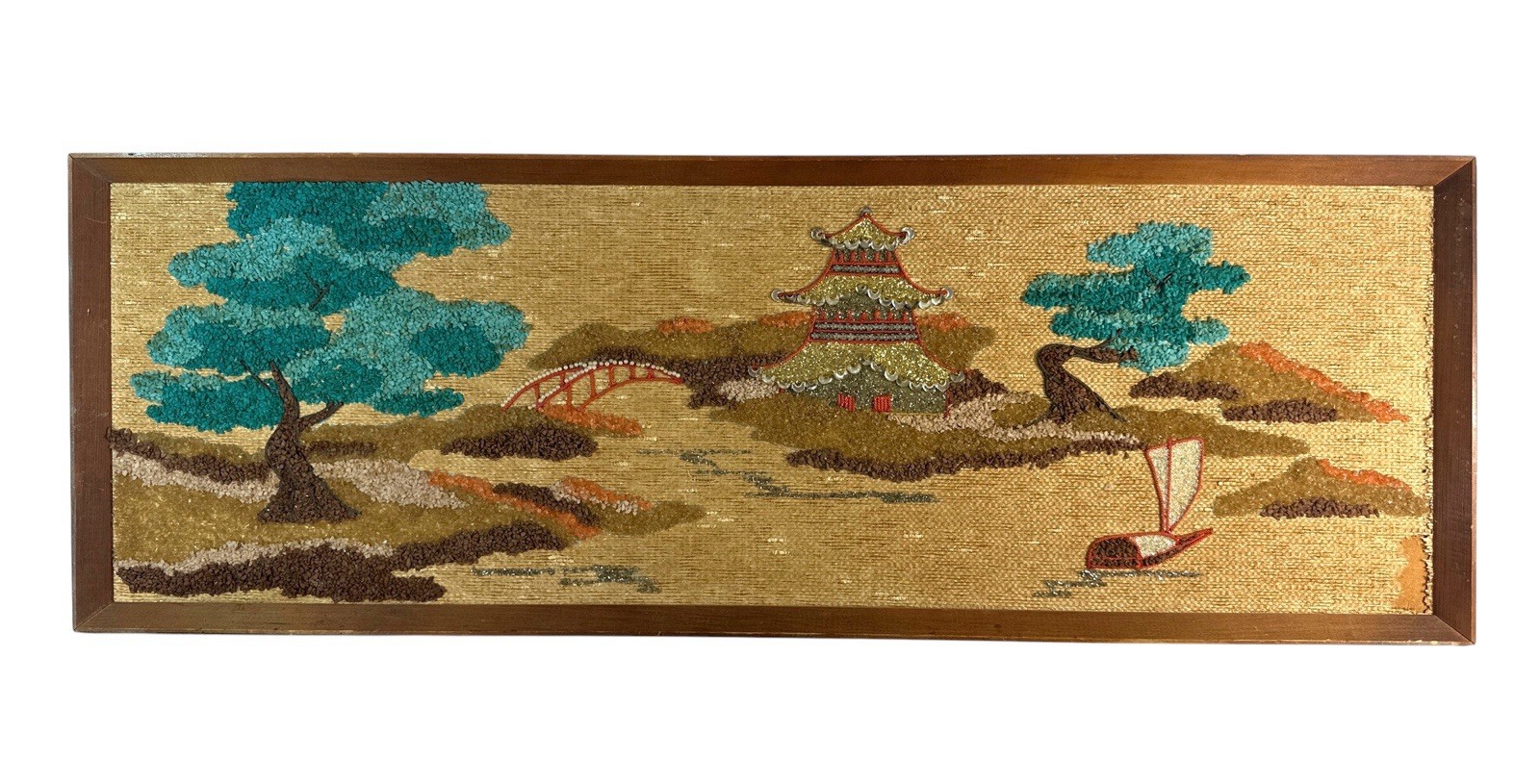 Vintage MCM Asian Gravel Art Wall Panel Pagoda Sailboat 36.5” Framed