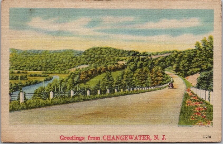 c1940s CHANGEWATER, New Jersey Greetings Postcard Highway View NYCE Linen UNUSED