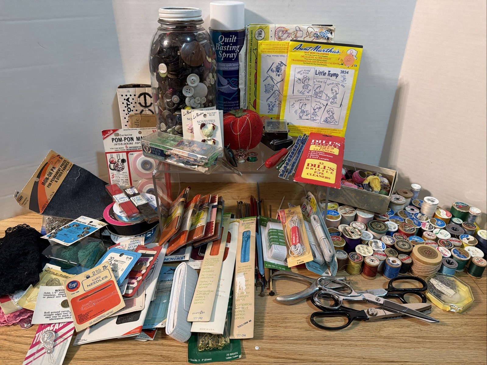 VTG Sewing Notions Craft Lot Thread Buttons Zippers Trim Scissors Quilt Supplies