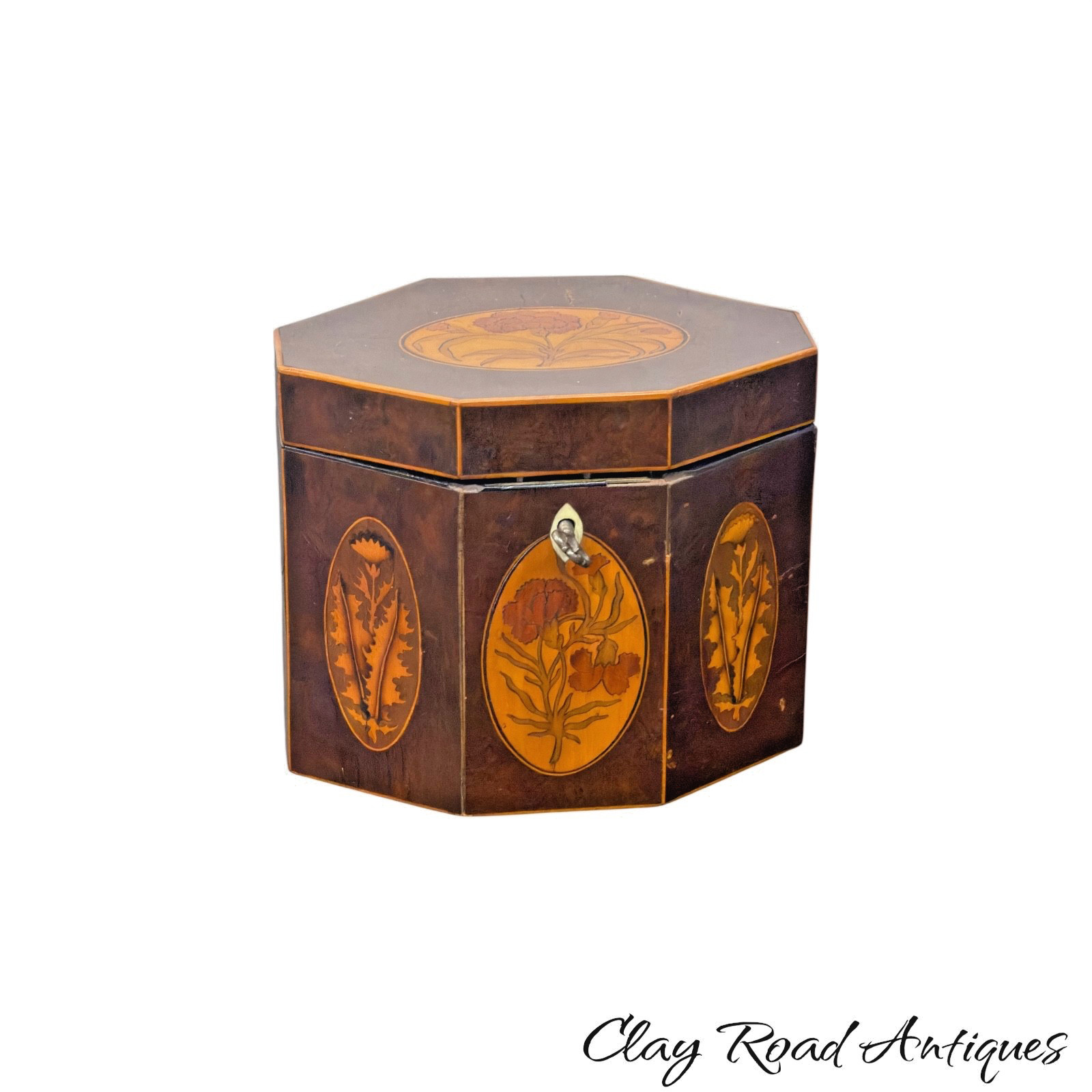 antique English George III Period Satinwood Inlaid burl  Tea Caddy  1790 octagon