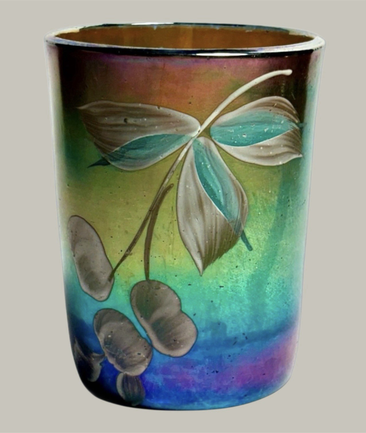 Small Antique Highly Iridescent Art Nouveau Glass Vase w/ Enameled Floral Decor
