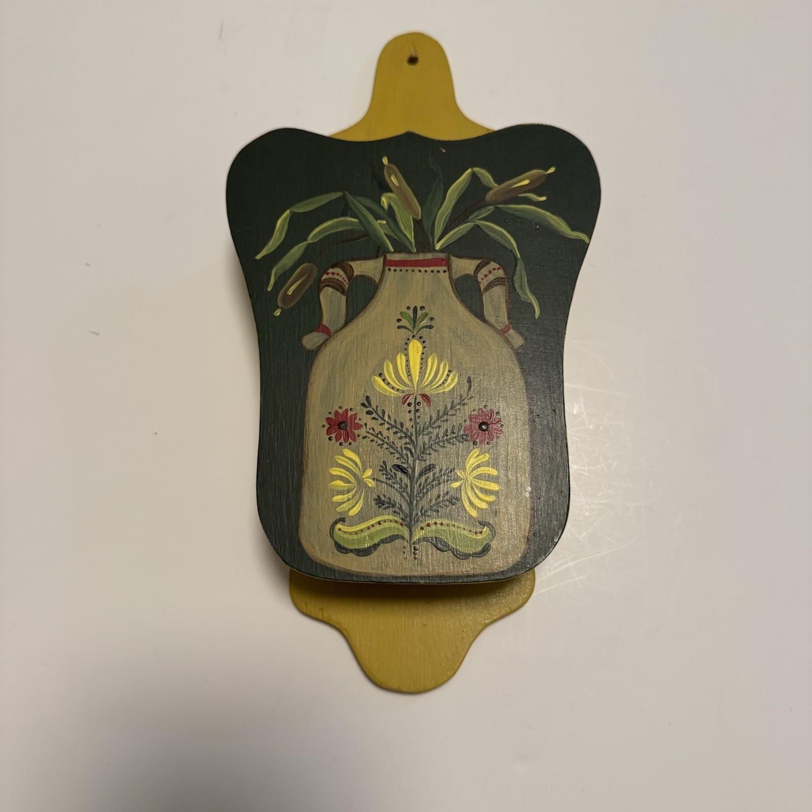 VTG Hand Painted Wood Wall Pocket Match Box Holder Folk Art Pennsylvania Dutch
