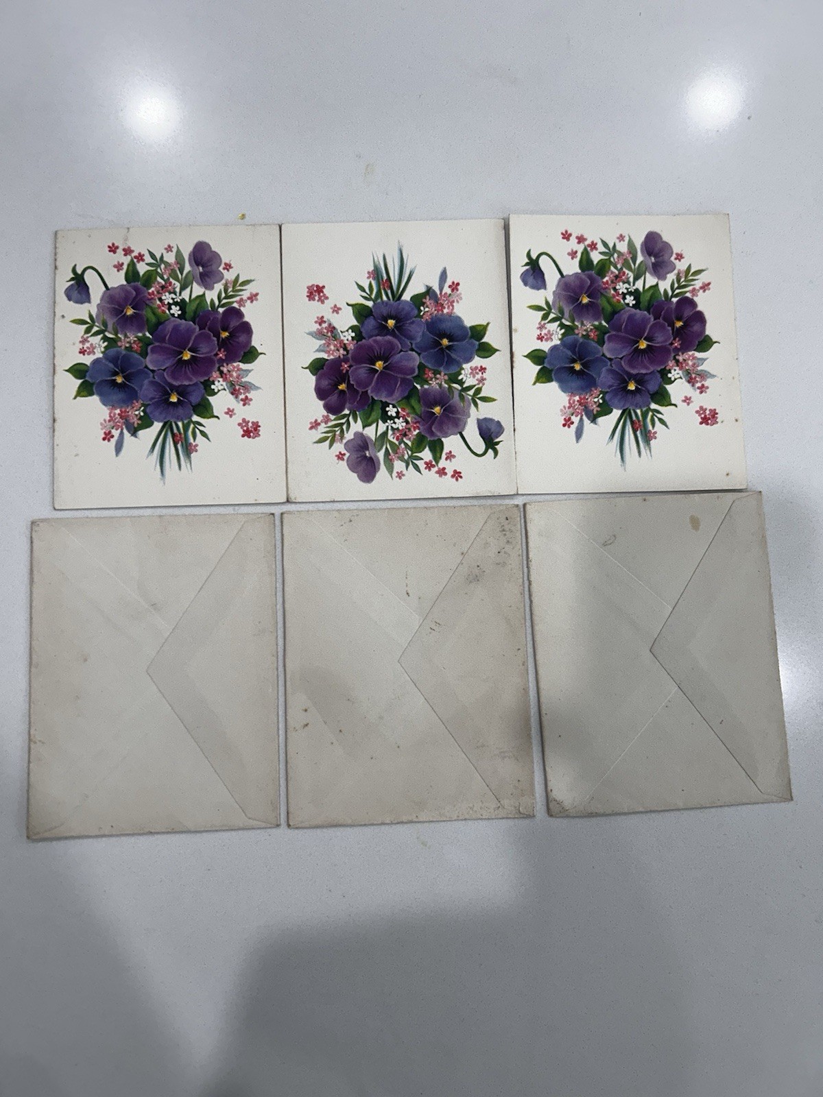 Vintage Hallmark Floral Cards Set of 3 with Envelopes Purple Pansies Violets