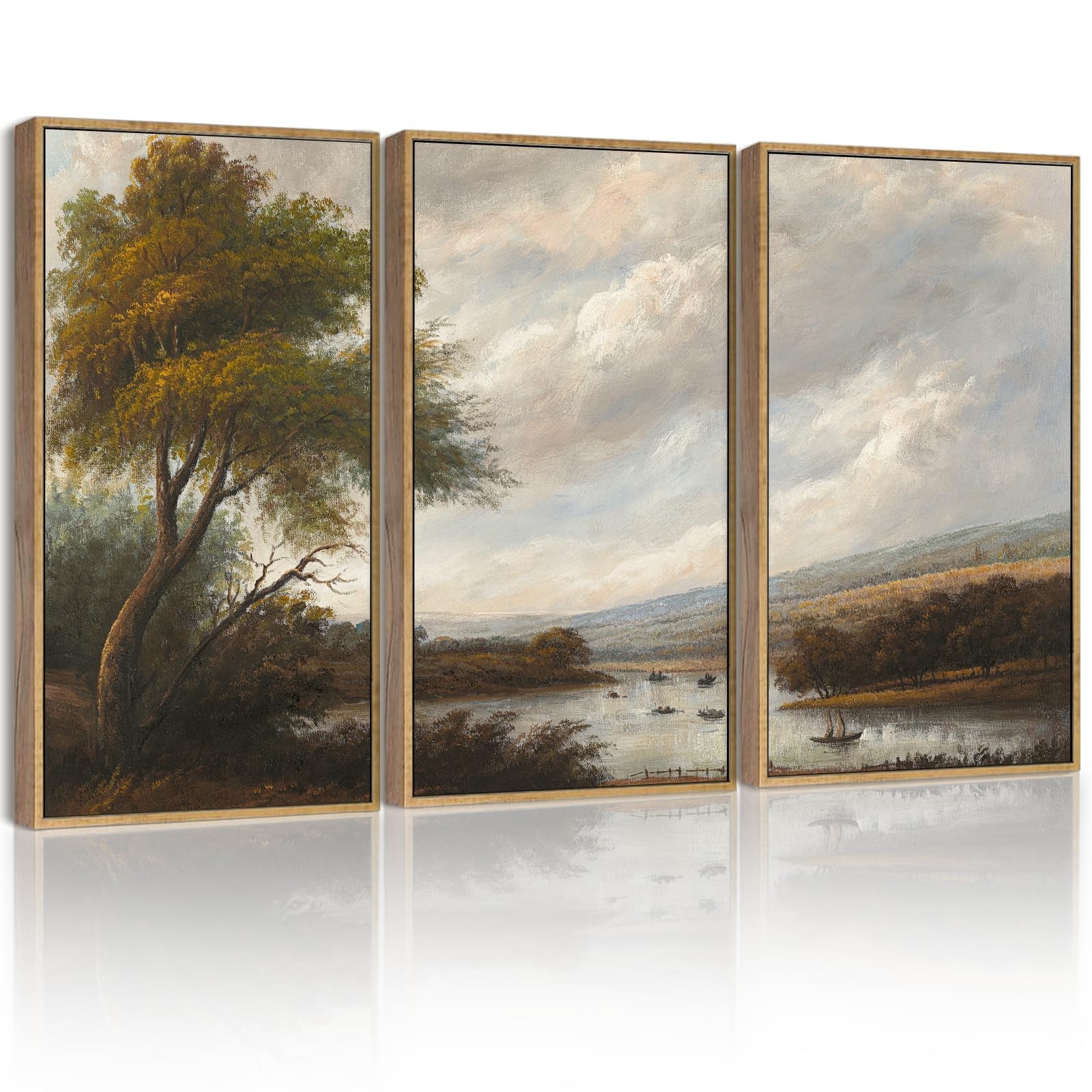 SHENIFY Vintage Landscape Framed Wall Art Riverside Scenery 16x24in 3pcs Natural